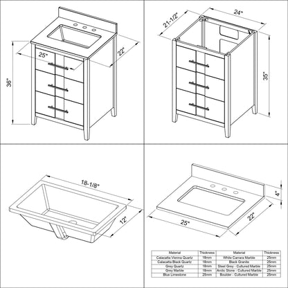 Hardware Resources Jeffrey Alexander Katara 24" White Freestanding Vanity With White Carrara Marble Vanity Top, Backsplash and Rectangle Undermount Sink