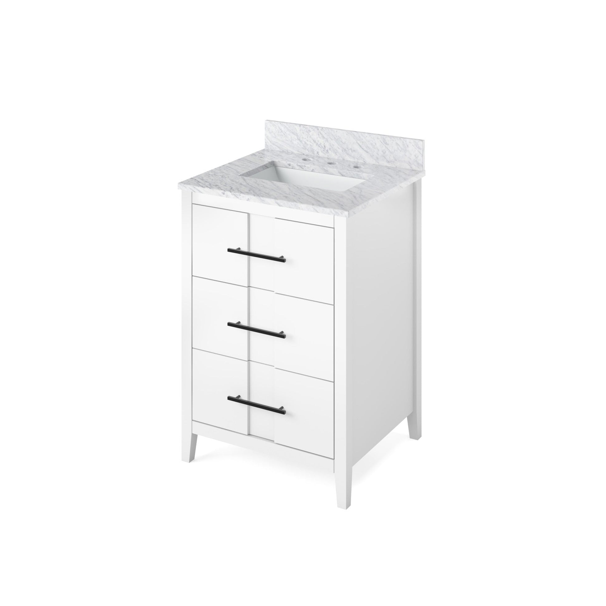 Hardware Resources Jeffrey Alexander Katara 24" White Freestanding Vanity With White Carrara Marble Vanity Top, Backsplash and Rectangle Undermount Sink