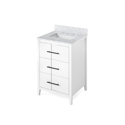 Hardware Resources Jeffrey Alexander Katara 24" White Freestanding Vanity With White Carrara Marble Vanity Top, Backsplash and Rectangle Undermount Sink