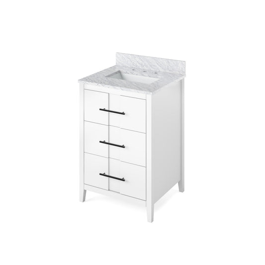 Hardware Resources Jeffrey Alexander Katara 24" White Freestanding Vanity With White Carrara Marble Vanity Top, Backsplash and Rectangle Undermount Sink