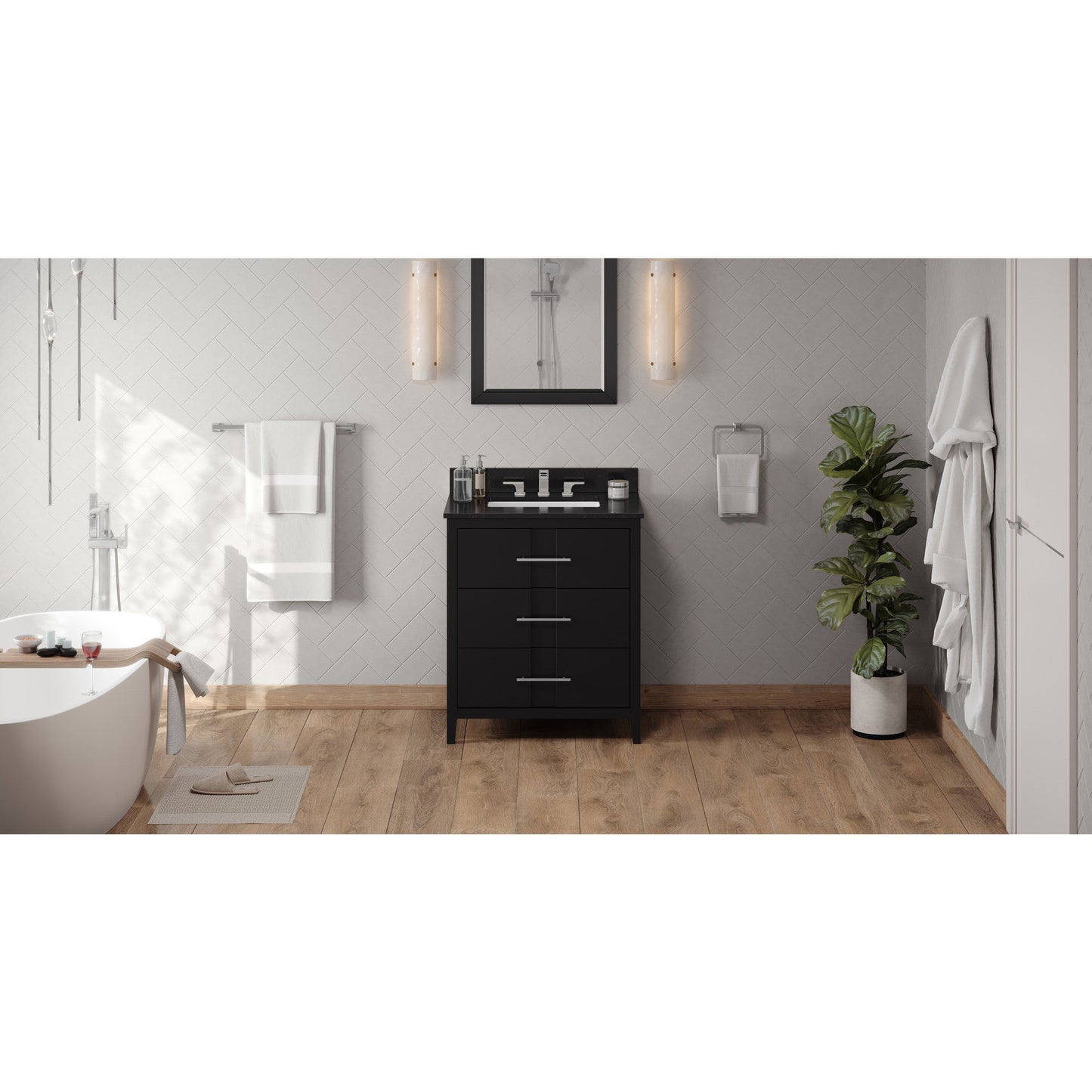 Hardware Resources Jeffrey Alexander Katara 30" Black Freestanding Vanity With Black Granite Vanity Top, Backsplash and Rectangle Undermount Sink