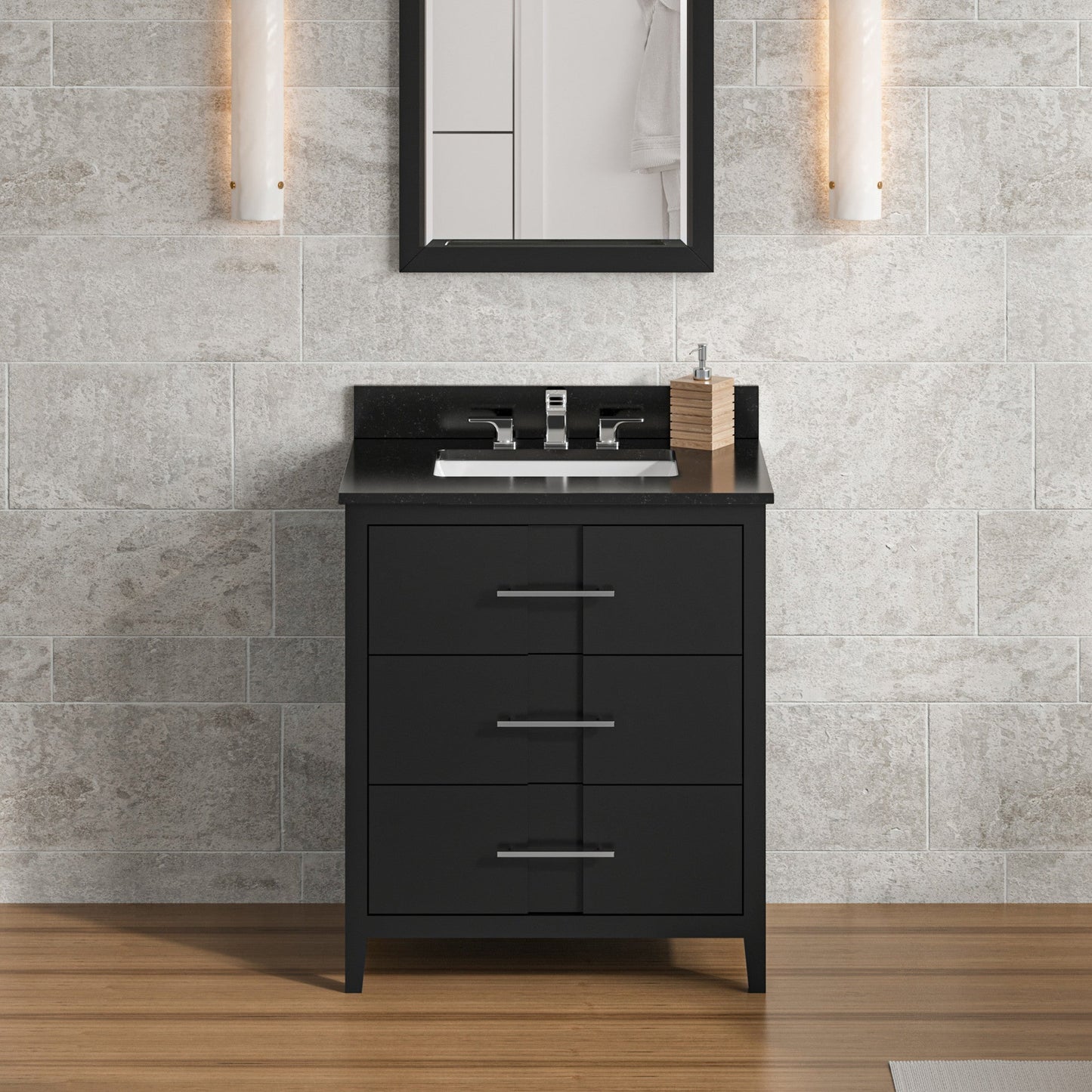 Hardware Resources Jeffrey Alexander Katara 30" Black Freestanding Vanity With Black Granite Vanity Top, Backsplash and Rectangle Undermount Sink