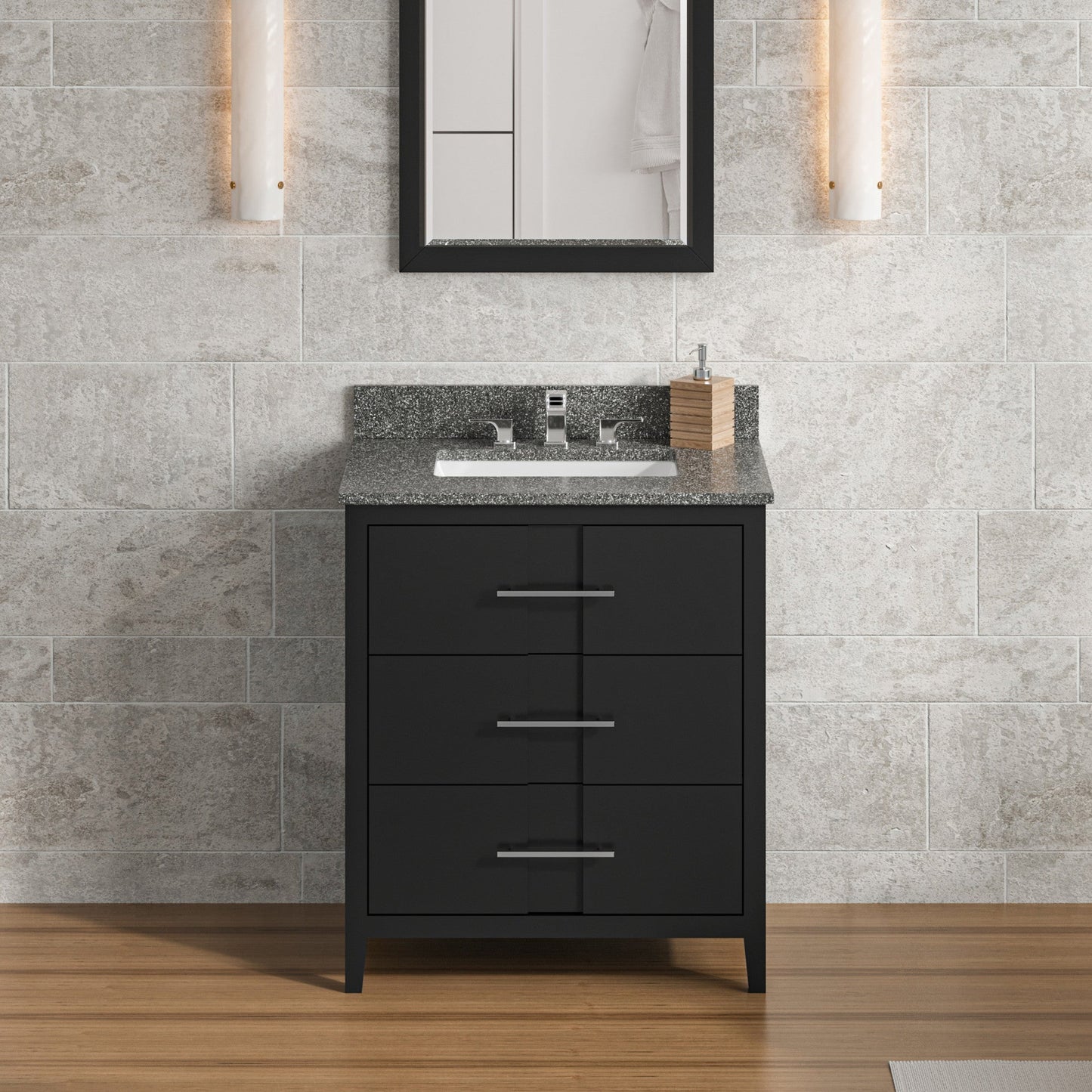 Hardware Resources Jeffrey Alexander Katara 30" Black Freestanding Vanity With Boulder Cultured Marble Vanity Top, Backsplash and Rectangle Undermount Sink