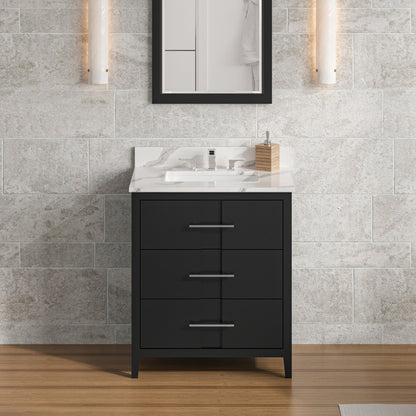 Hardware Resources Jeffrey Alexander Katara 30" Black Freestanding Vanity With Calacatta Vienna Quartz Vanity Top, Backsplash and Rectangle Undermount Sink