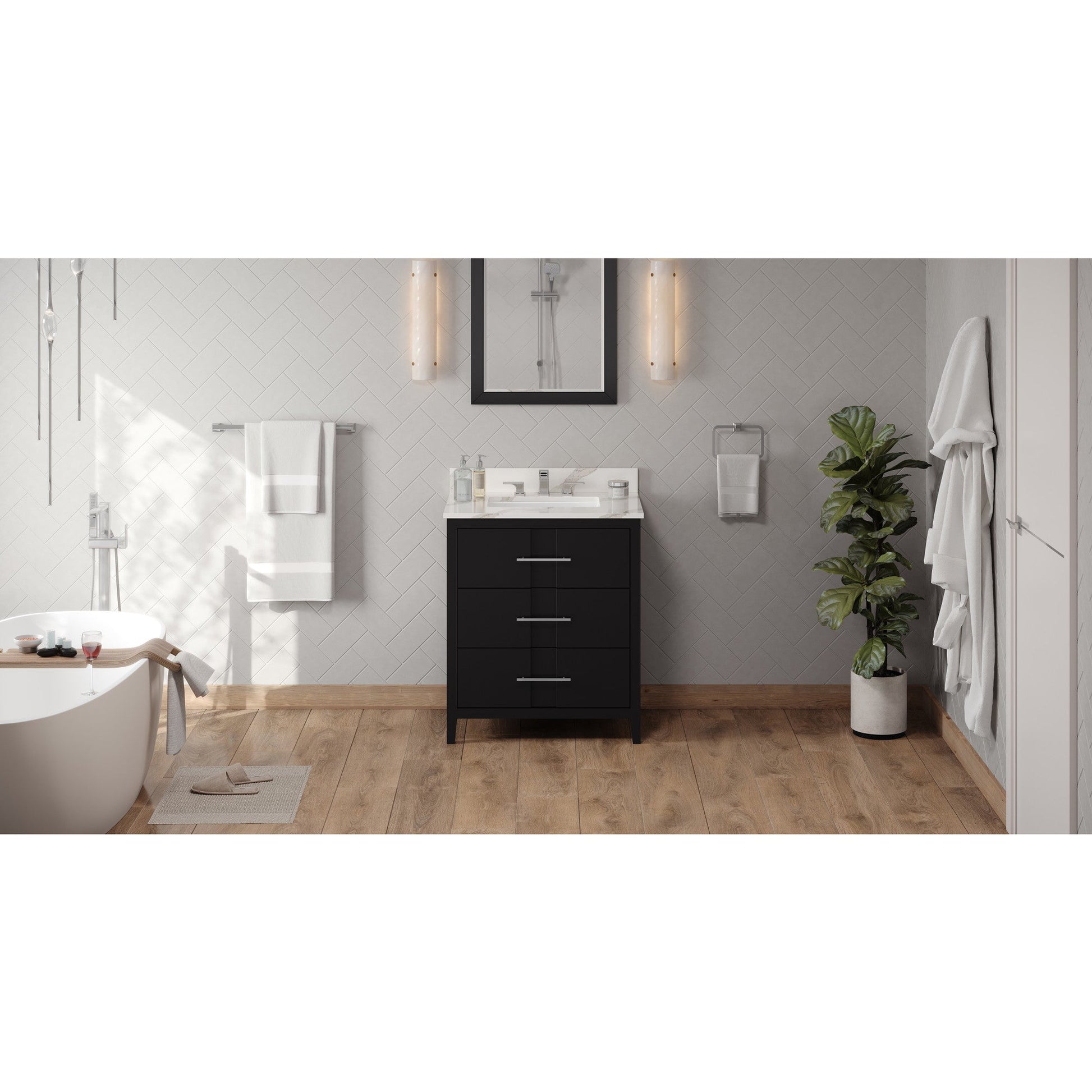 Hardware Resources Jeffrey Alexander Katara 30" Black Freestanding Vanity With Calacatta Vienna Quartz Vanity Top, Backsplash and Rectangle Undermount Sink