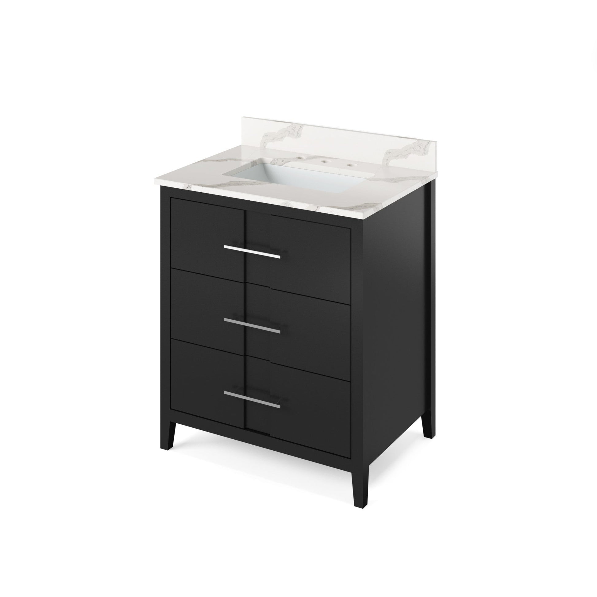 Hardware Resources Jeffrey Alexander Katara 30" Black Freestanding Vanity With Calacatta Vienna Quartz Vanity Top, Backsplash and Rectangle Undermount Sink