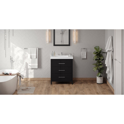 Hardware Resources Jeffrey Alexander Katara 30" Black Freestanding Vanity With Lavante Cultured Marble Vessel Vanity Top, Backsplash and Rectangle Undermount Sink