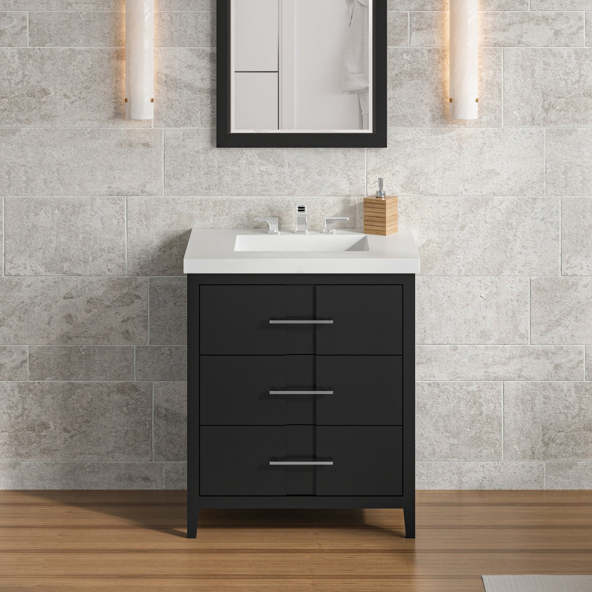 Hardware Resources Jeffrey Alexander Katara 30" Black Freestanding Vanity With Lavante Cultured Marble Vessel Vanity Top, Backsplash and Rectangle Undermount Sink