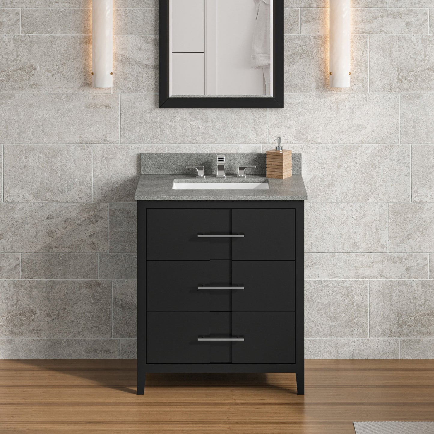 Hardware Resources Jeffrey Alexander Katara 30" Black Freestanding Vanity With Steel Gray Cultured Marble Vanity Top, Backsplash and Rectangle Undermount Sink