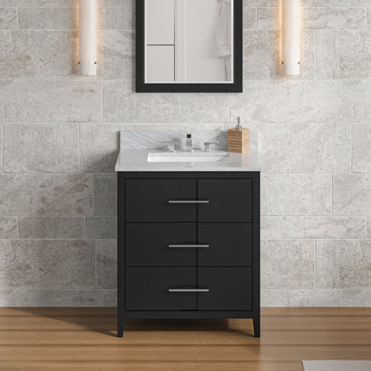 Hardware Resources Jeffrey Alexander Katara 30" Black Freestanding Vanity With White Carrara Marble Vanity Top, Backsplash and Rectangle Undermount Sink