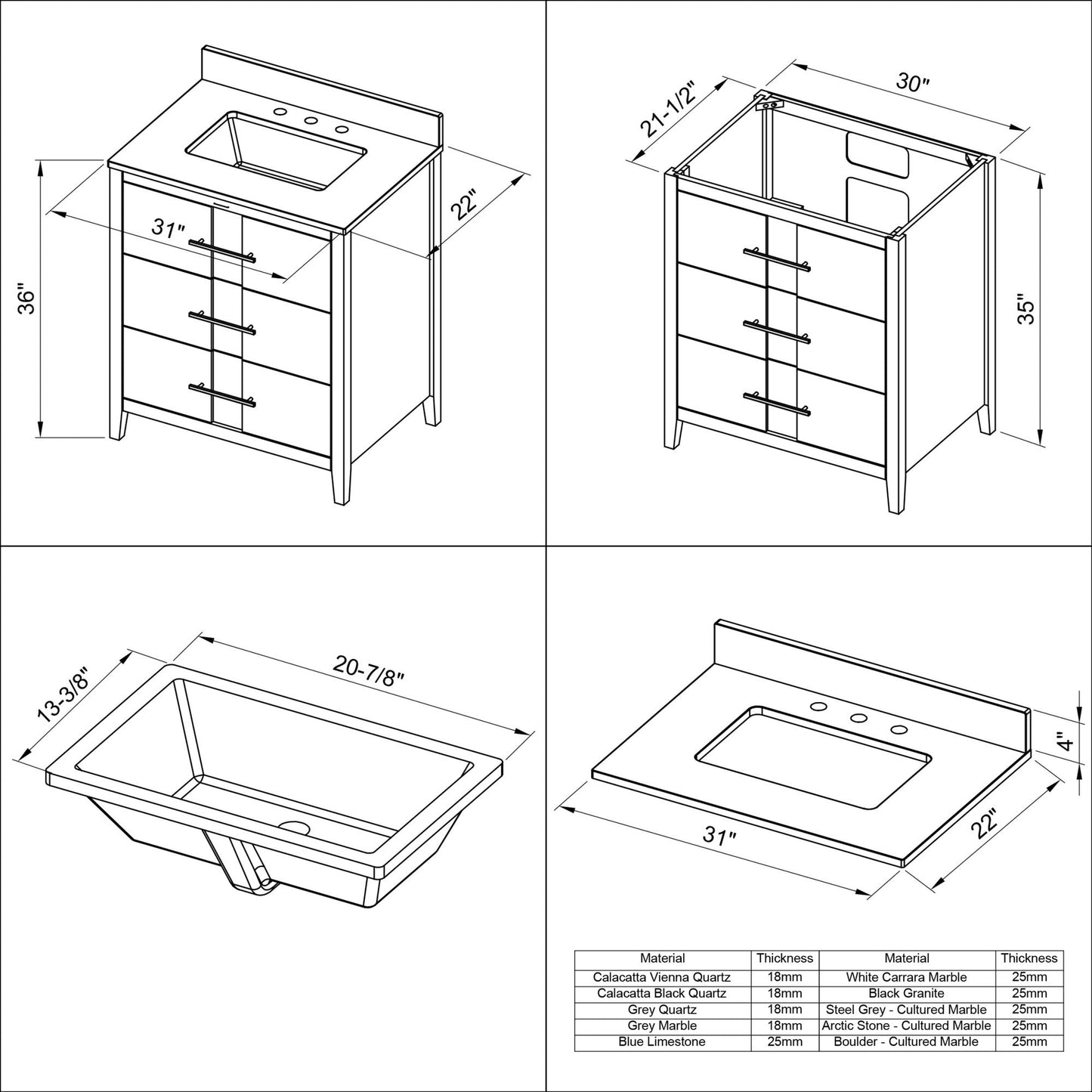 Hardware Resources Jeffrey Alexander Katara 30" Black Freestanding Vanity With White Carrara Marble Vanity Top, Backsplash and Rectangle Undermount Sink