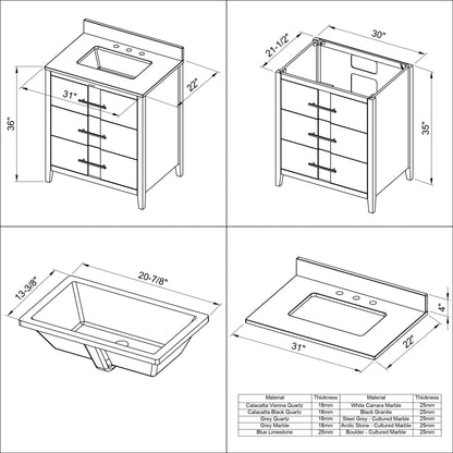 Hardware Resources Jeffrey Alexander Katara 30" Black Freestanding Vanity With White Carrara Marble Vanity Top, Backsplash and Rectangle Undermount Sink