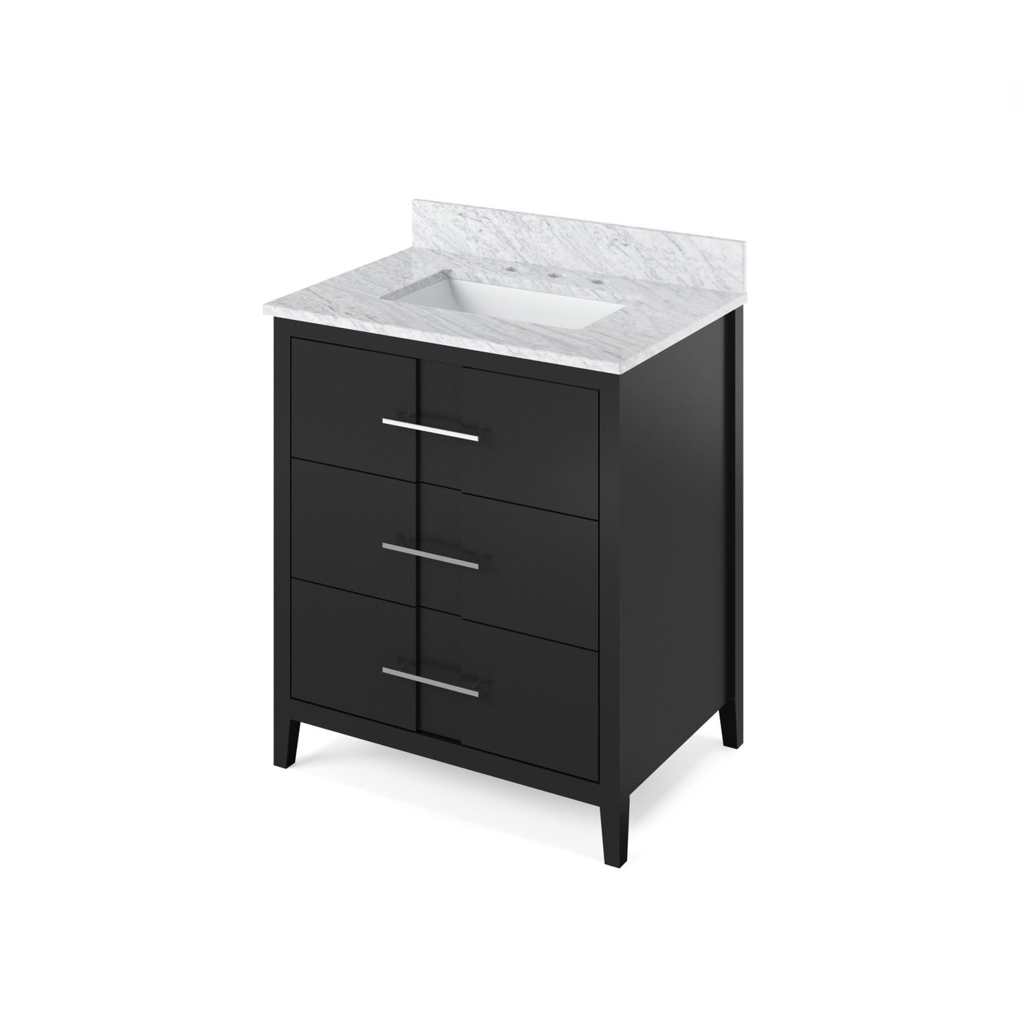 Hardware Resources Jeffrey Alexander Katara 30" Black Freestanding Vanity With White Carrara Marble Vanity Top, Backsplash and Rectangle Undermount Sink