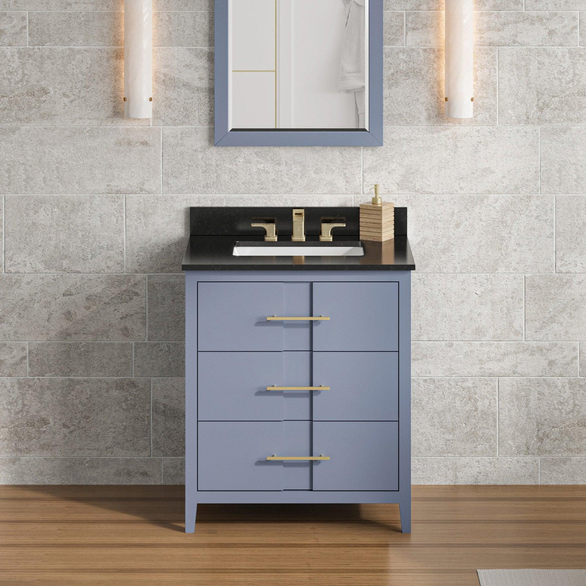 Hardware Resources Jeffrey Alexander Katara 30" Blue Steel Freestanding Vanity With Black Granite Vanity Top, Backsplash and Rectangle Undermount Sink