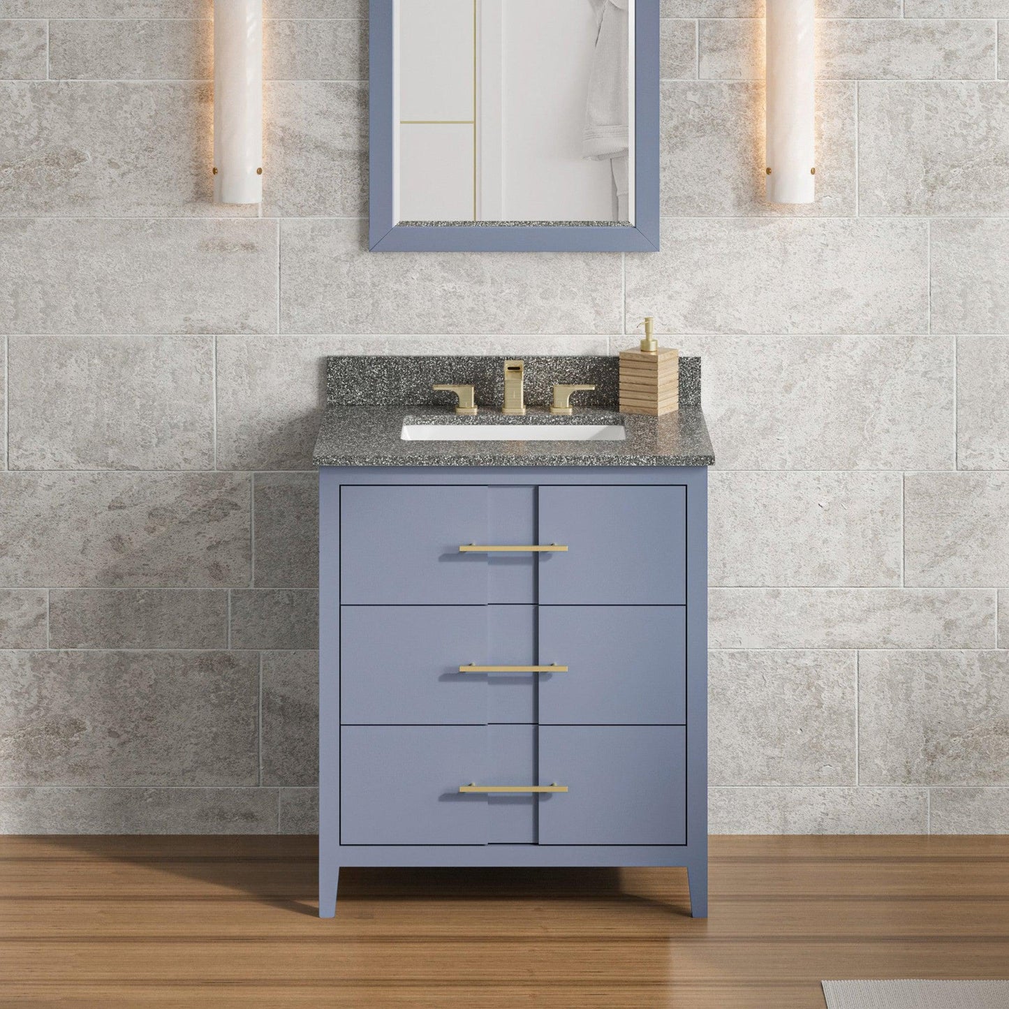 Hardware Resources Jeffrey Alexander Katara 30" Blue Steel Freestanding Vanity With Boulder Cultured Marble Vanity Top, Backsplash and Rectangle Undermount Sink