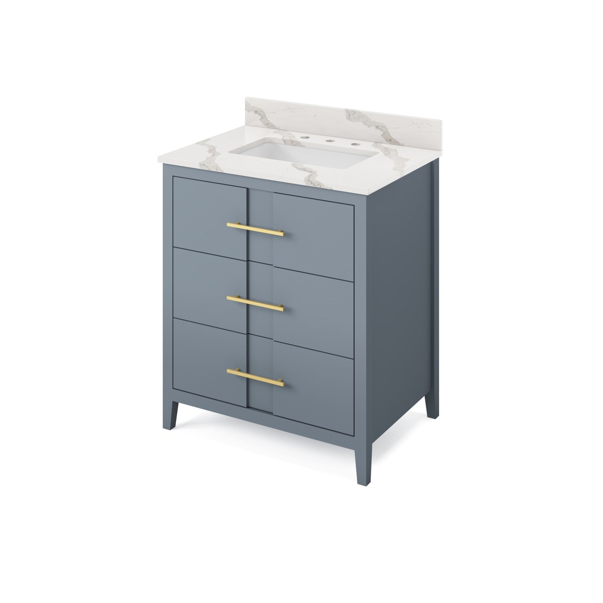 Hardware Resources Jeffrey Alexander Katara 30" Blue Steel Freestanding Vanity With Calacatta Vienna Quartz Vanity Top, Backsplash and Rectangle Undermount Sink