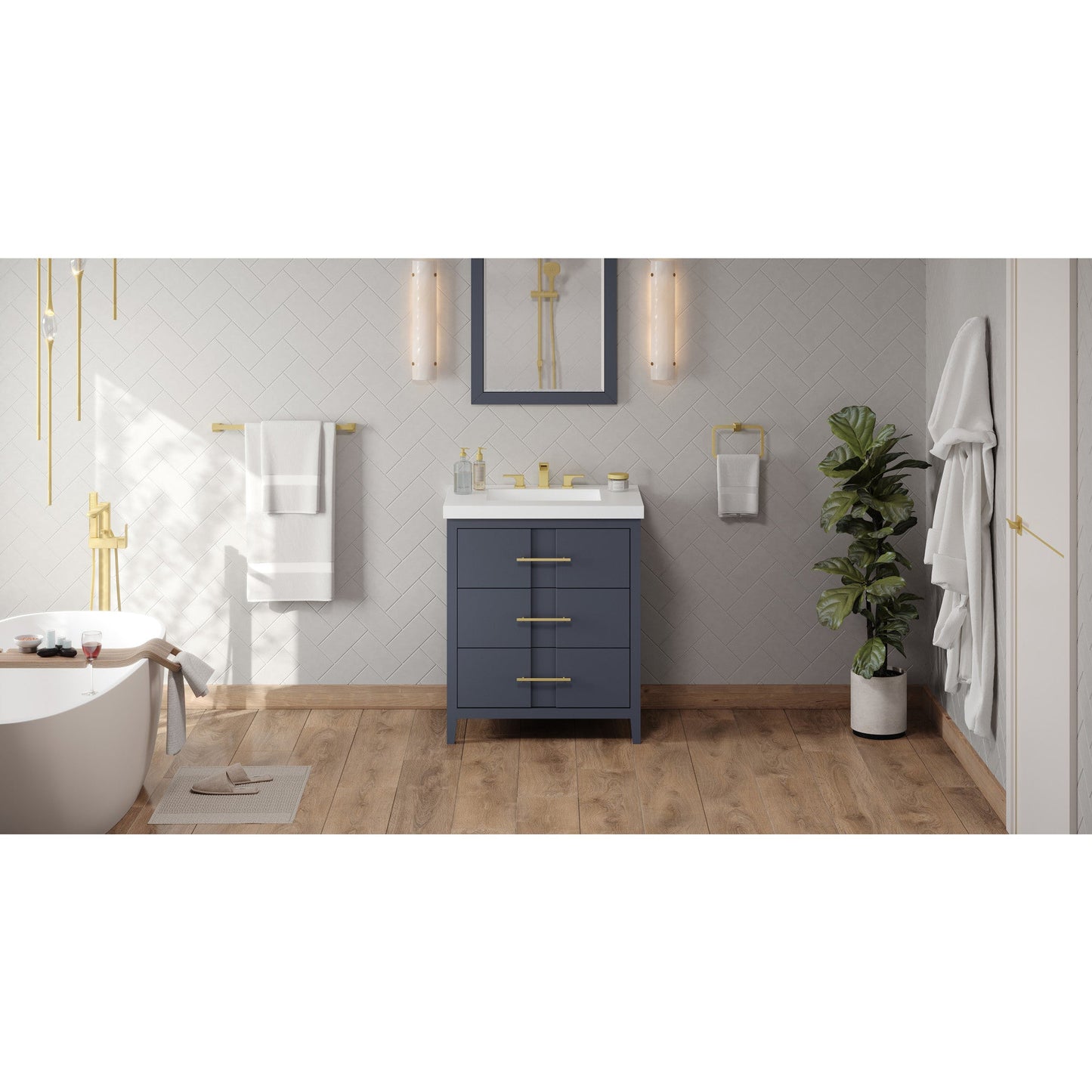 Hardware Resources Jeffrey Alexander Katara 30" Blue Steel Freestanding Vanity With Lavante Cultured Marble Vessel Vanity Top, Backsplash and Rectangle Undermount Sink