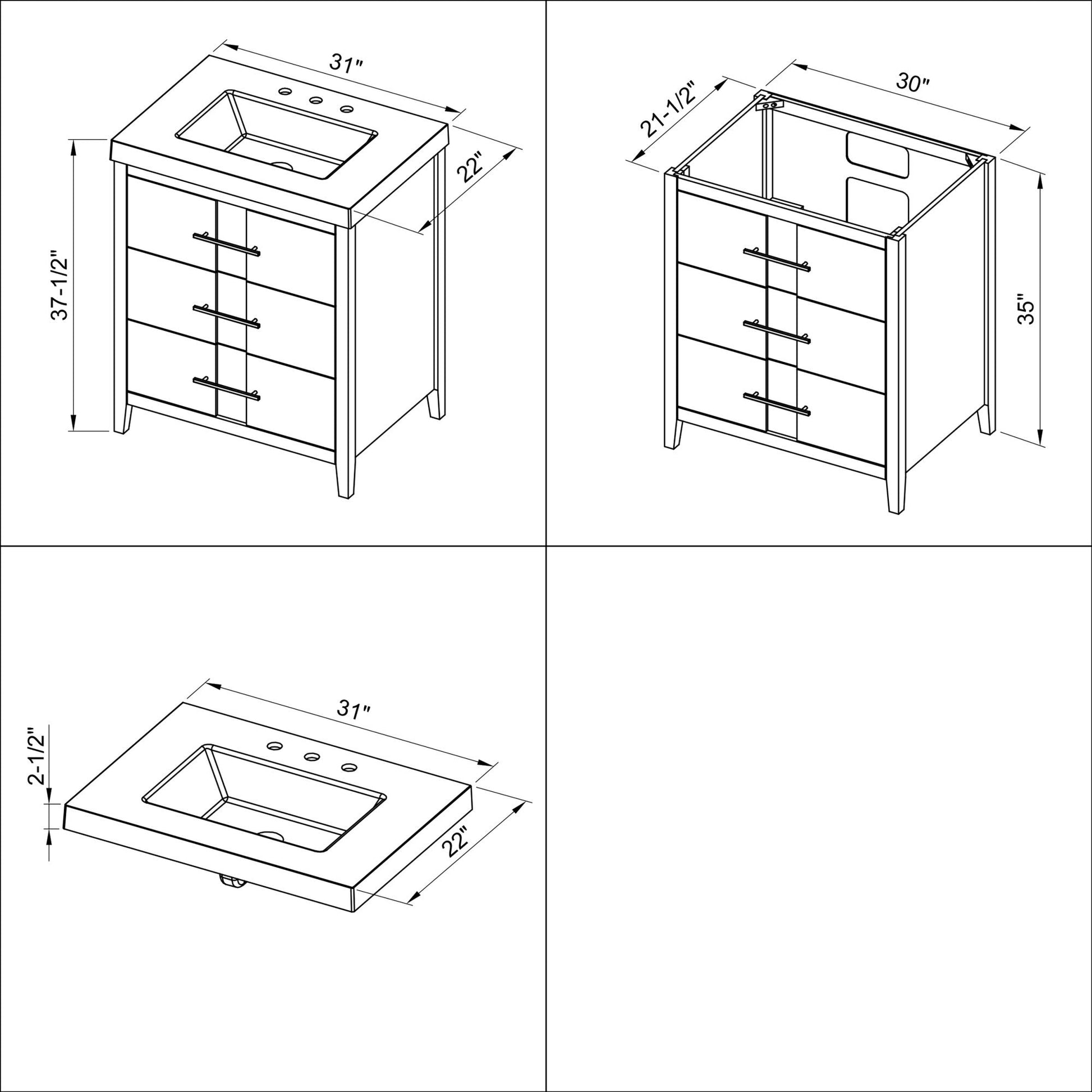 Hardware Resources Jeffrey Alexander Katara 30" Blue Steel Freestanding Vanity With Lavante Cultured Marble Vessel Vanity Top, Backsplash and Rectangle Undermount Sink