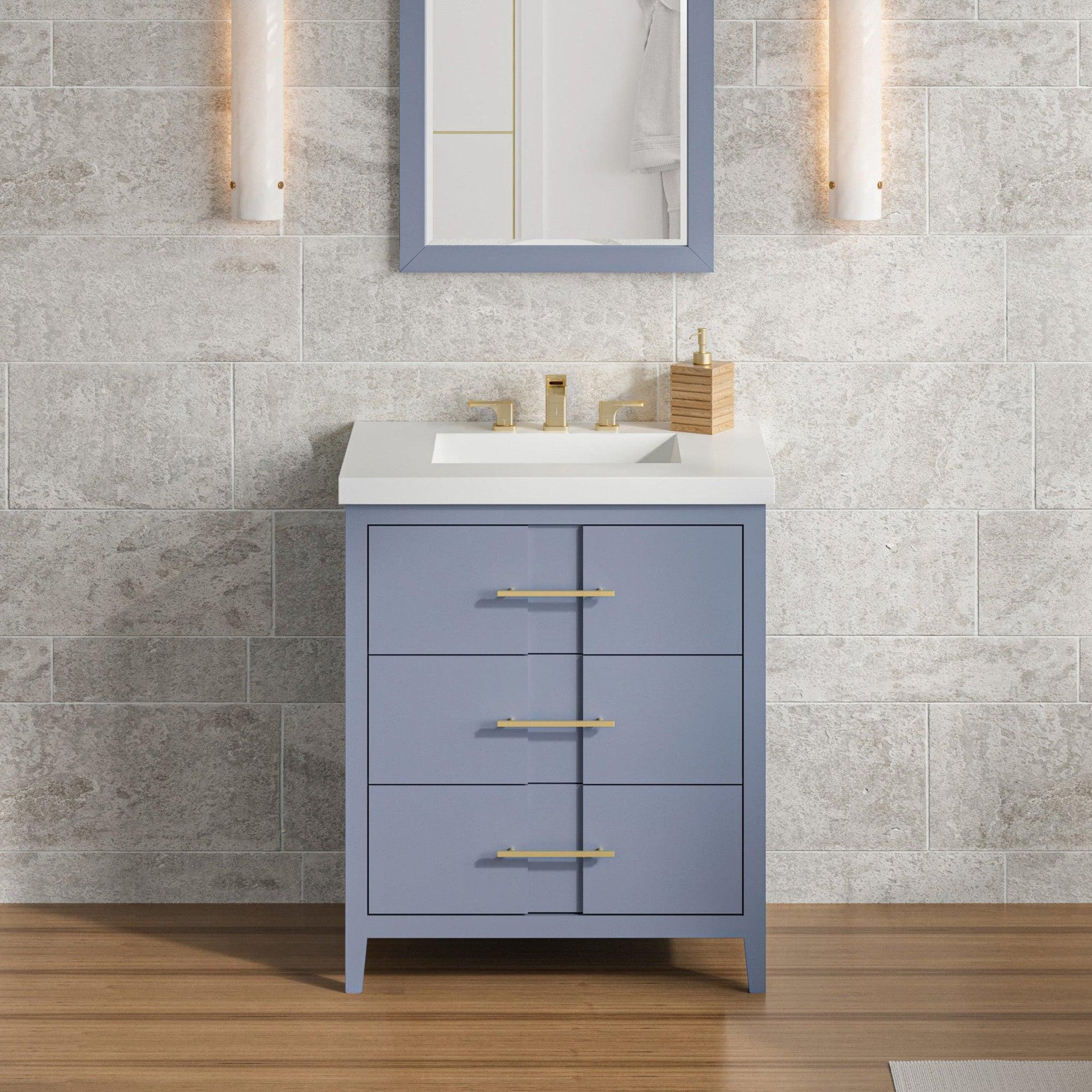 Hardware Resources Jeffrey Alexander Katara 30" Blue Steel Freestanding Vanity With Lavante Cultured Marble Vessel Vanity Top, Backsplash and Rectangle Undermount Sink