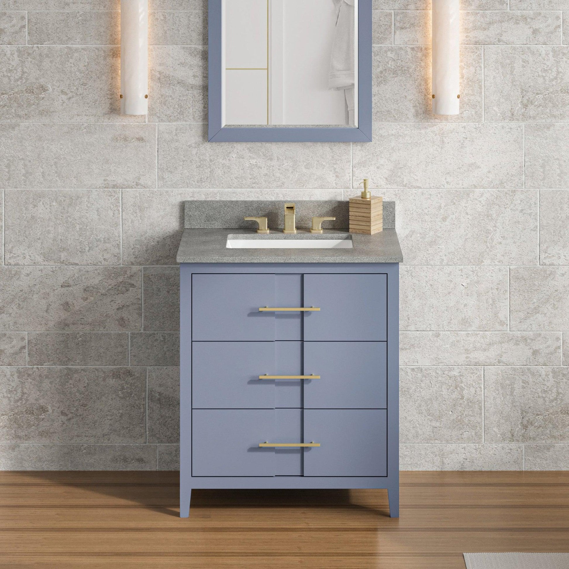 Hardware Resources Jeffrey Alexander Katara 30" Blue Steel Freestanding Vanity With Steel Gray Cultured Marble Vanity Top, Backsplash and Rectangle Undermount Sink