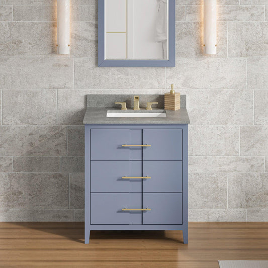 Hardware Resources Jeffrey Alexander Katara 30" Blue Steel Freestanding Vanity With Steel Gray Cultured Marble Vanity Top, Backsplash and Rectangle Undermount Sink