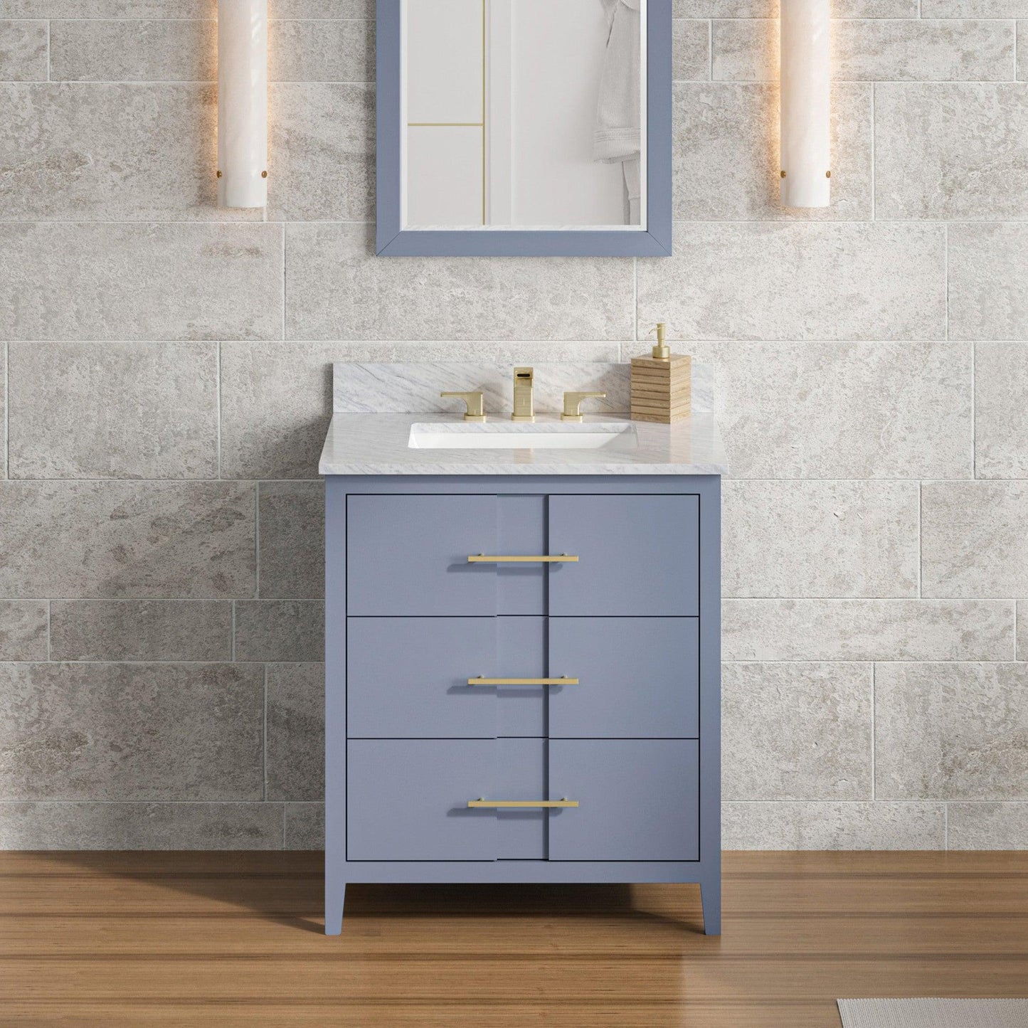 Hardware Resources Jeffrey Alexander Katara 30" Blue Steel Freestanding Vanity With White Carrara Marble Vanity Top, Backsplash and Rectangle Undermount Sink