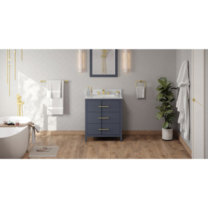 Hardware Resources Jeffrey Alexander Katara 30" Blue Steel Freestanding Vanity With White Carrara Marble Vanity Top, Backsplash and Rectangle Undermount Sink