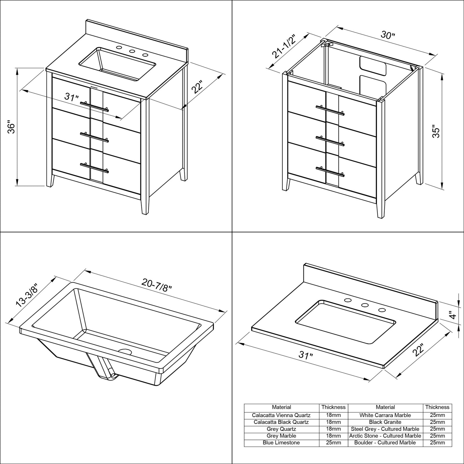 Hardware Resources Jeffrey Alexander Katara 30" Blue Steel Freestanding Vanity With White Carrara Marble Vanity Top, Backsplash and Rectangle Undermount Sink