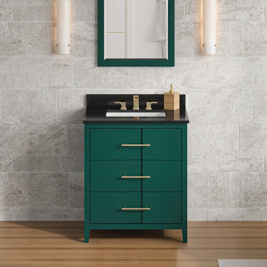 Hardware Resources Jeffrey Alexander Katara 30" Green Freestanding Vanity With Black Granite Vanity Top, Backsplash and Rectangle Undermount Sink