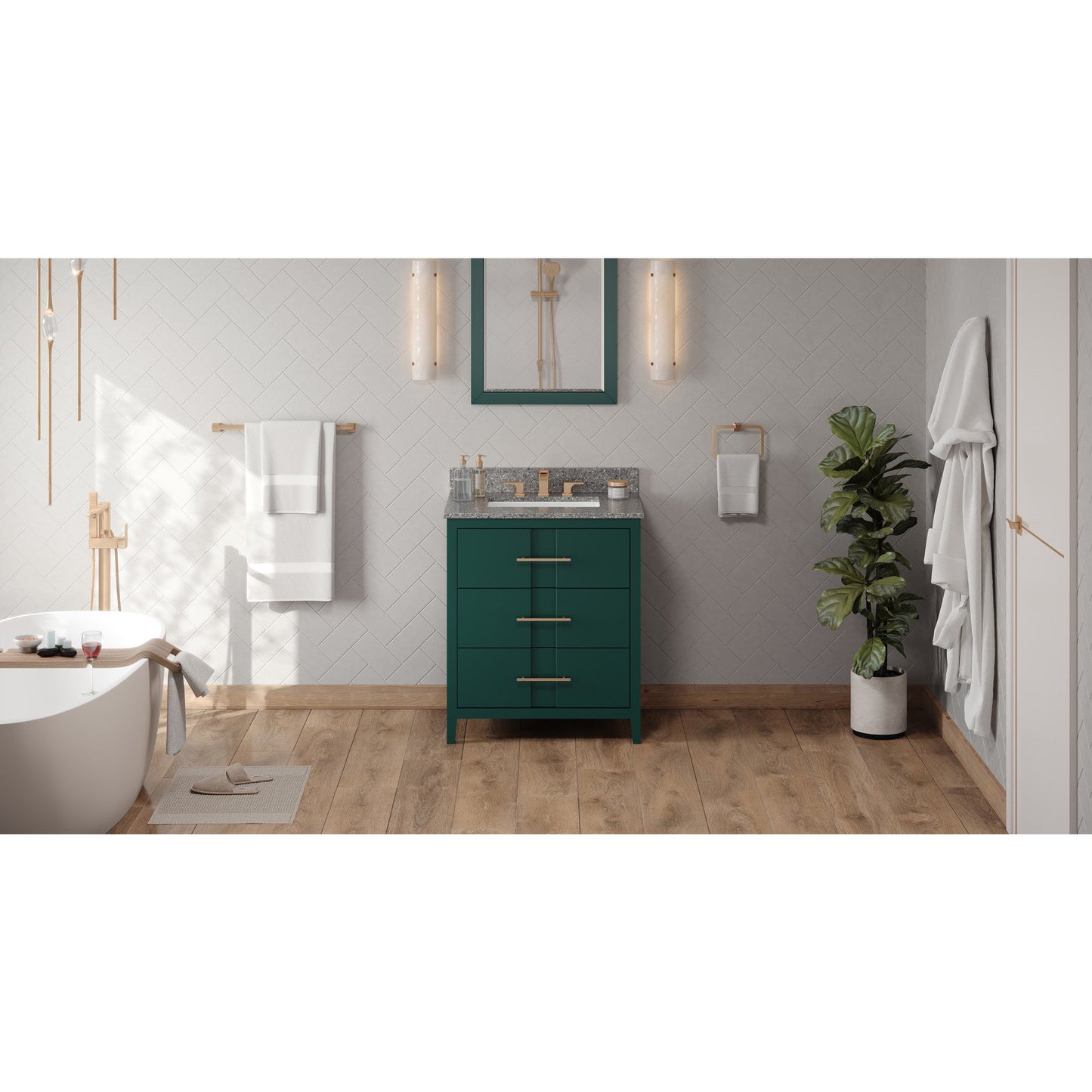 Hardware Resources Jeffrey Alexander Katara 30" Green Freestanding Vanity With Boulder Cultured Marble Vanity Top, Backsplash and Rectangle Undermount Sink