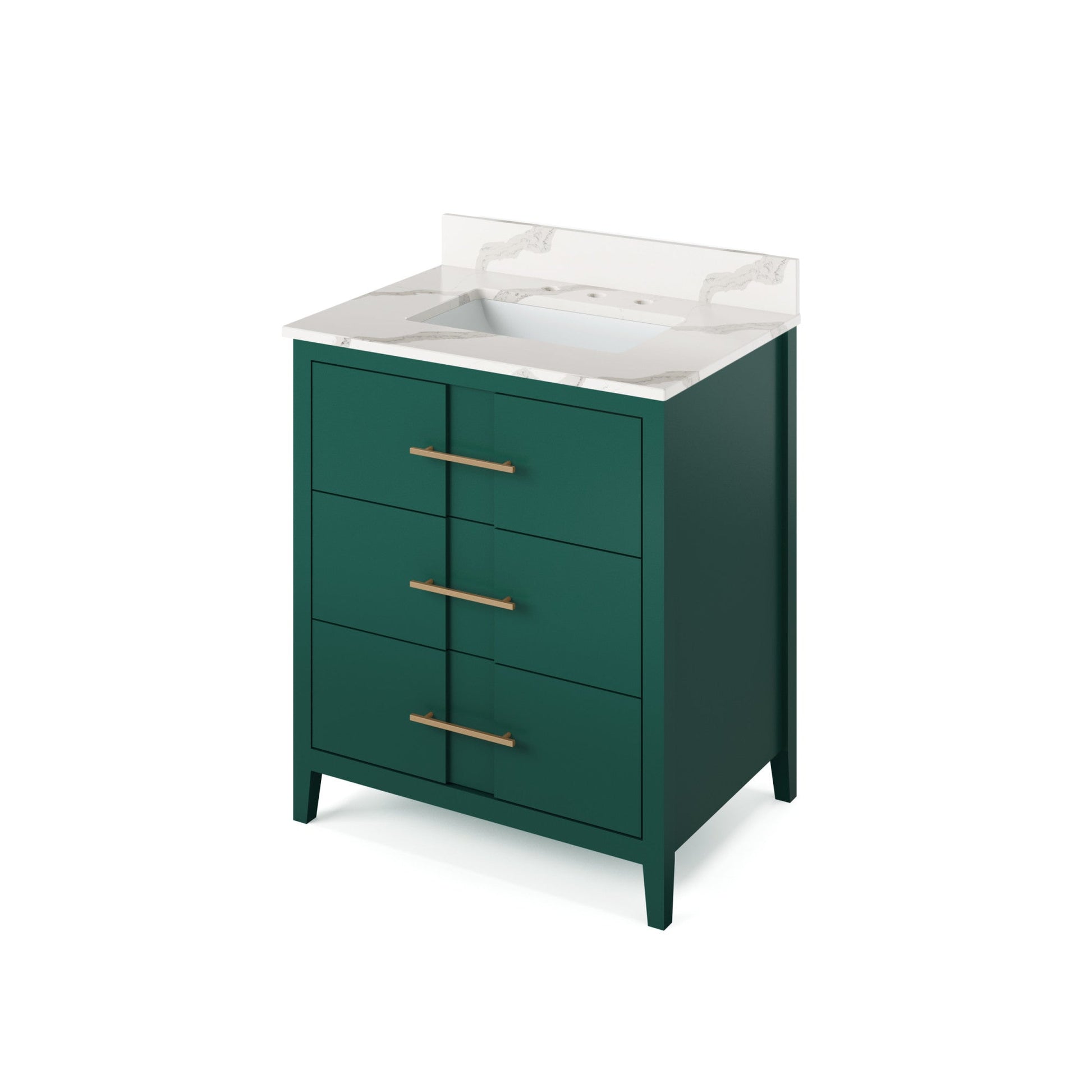 Hardware Resources Jeffrey Alexander Katara 30" Green Freestanding Vanity With Calacatta Vienna Quartz Vanity Top, Backsplash and Rectangle Undermount Sink