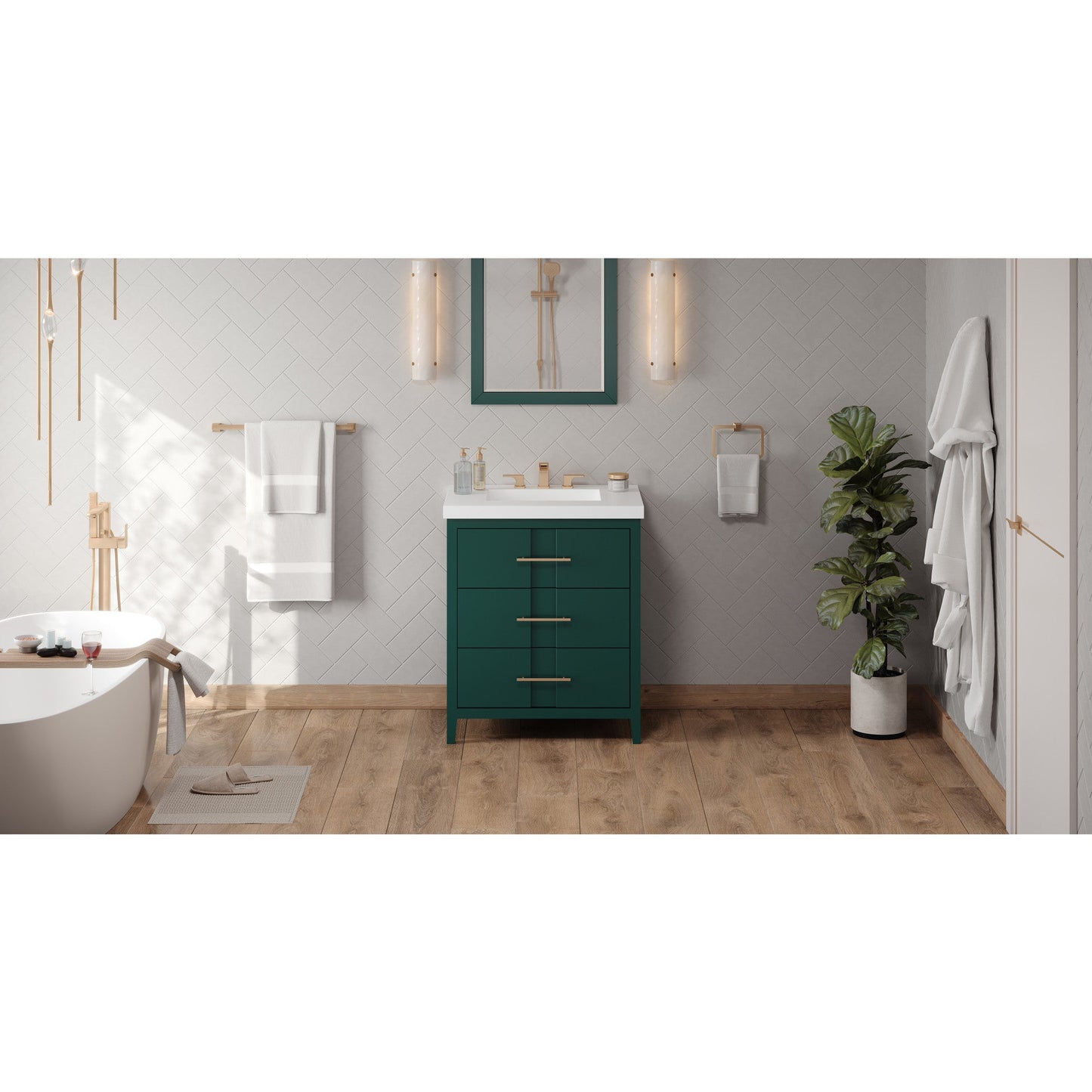 Hardware Resources Jeffrey Alexander Katara 30" Green Freestanding Vanity With Lavante Cultured Marble Vessel Vanity Top, Backsplash and Rectangle Undermount Sink