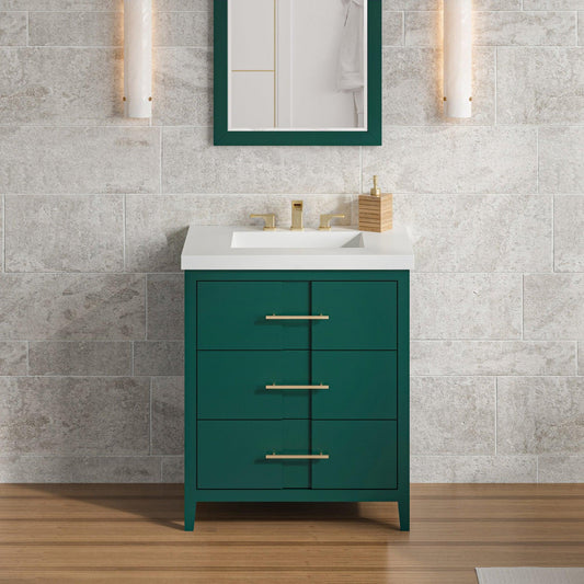 Hardware Resources Jeffrey Alexander Katara 30" Green Freestanding Vanity With Lavante Cultured Marble Vessel Vanity Top, Backsplash and Rectangle Undermount Sink