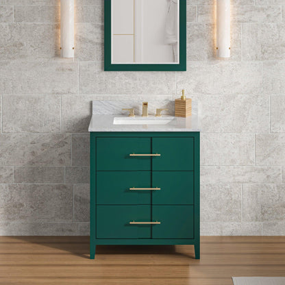 Hardware Resources Jeffrey Alexander Katara 30" Green Freestanding Vanity With White Carrara Marble Vanity Top, Backsplash and Rectangle Undermount Sink