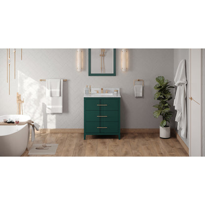 Hardware Resources Jeffrey Alexander Katara 30" Green Freestanding Vanity With White Carrara Marble Vanity Top, Backsplash and Rectangle Undermount Sink