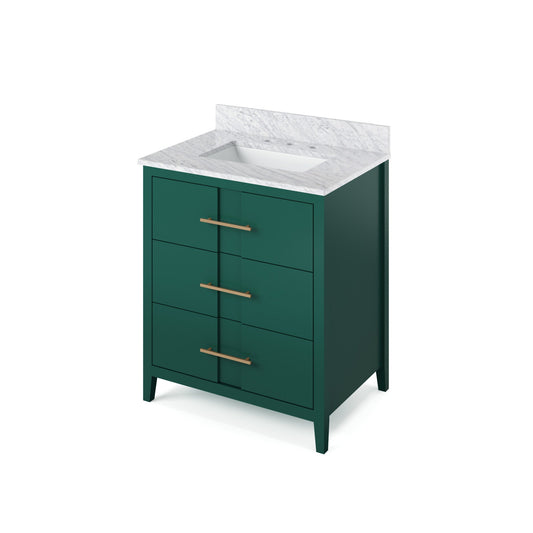 Hardware Resources Jeffrey Alexander Katara 30" Green Freestanding Vanity With White Carrara Marble Vanity Top, Backsplash and Rectangle Undermount Sink