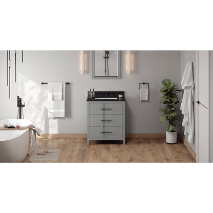 Hardware Resources Jeffrey Alexander Katara 30" Grey Freestanding Vanity With Black Granite Vanity Top, Backsplash and Rectangle Undermount Sink