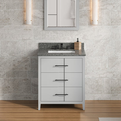 Hardware Resources Jeffrey Alexander Katara 30" Grey Freestanding Vanity With Boulder Cultured Marble Vanity Top, Backsplash and Rectangle Undermount Sink