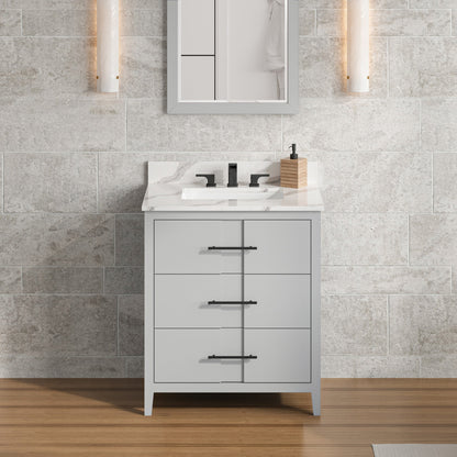 Hardware Resources Jeffrey Alexander Katara 30" Grey Freestanding Vanity With Calacatta Vienna Quartz Vanity Top, Backsplash and Rectangle Undermount Sink