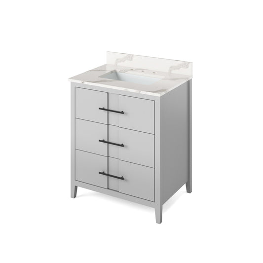 Hardware Resources Jeffrey Alexander Katara 30" Grey Freestanding Vanity With Calacatta Vienna Quartz Vanity Top, Backsplash and Rectangle Undermount Sink