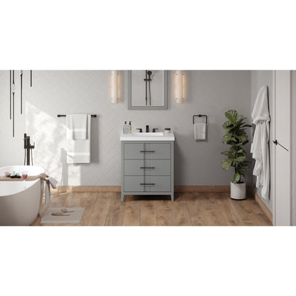 Hardware Resources Jeffrey Alexander Katara 30" Grey Freestanding Vanity With Lavante Cultured Marble Vessel Vanity Top, Backsplash and Rectangle Undermount Sink