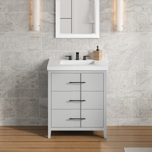 Hardware Resources Jeffrey Alexander Katara 30" Grey Freestanding Vanity With Lavante Cultured Marble Vessel Vanity Top, Backsplash and Rectangle Undermount Sink