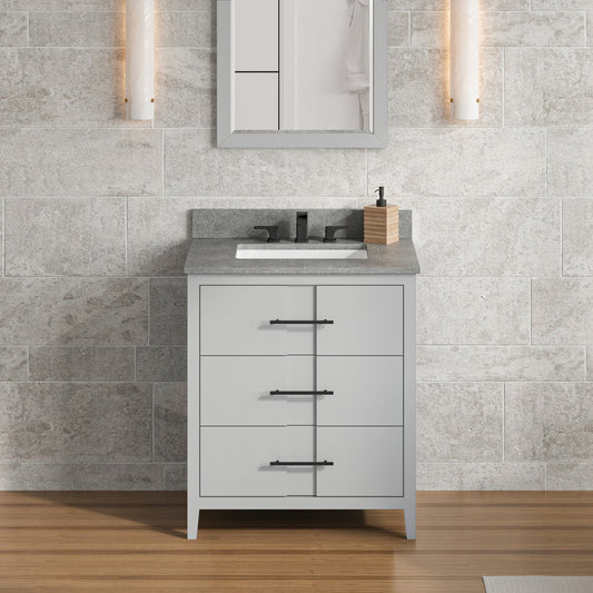 Hardware Resources Jeffrey Alexander Katara 30" Grey Freestanding Vanity With Steel Gray Cultured Marble Vanity Top, Backsplash and Rectangle Undermount Sink