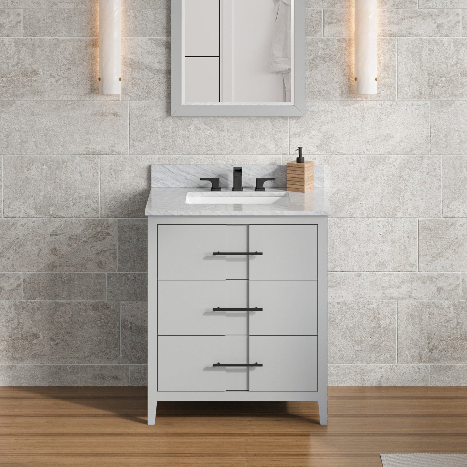 Hardware Resources Jeffrey Alexander Katara 30" Grey Freestanding Vanity With White Carrara Marble Vanity Top, Backsplash and Rectangle Undermount Sink