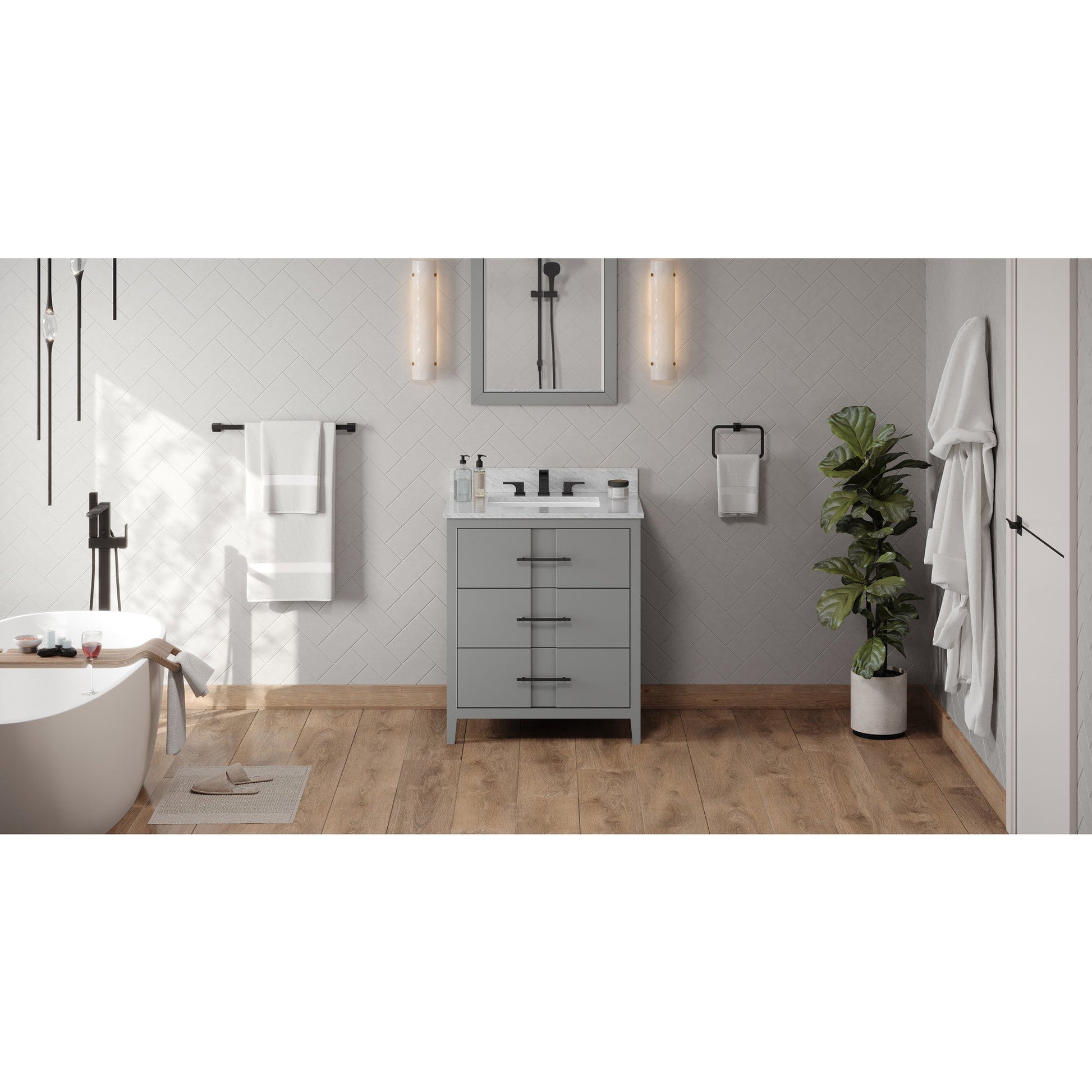 Hardware Resources Jeffrey Alexander Katara 30" Grey Freestanding Vanity With White Carrara Marble Vanity Top, Backsplash and Rectangle Undermount Sink