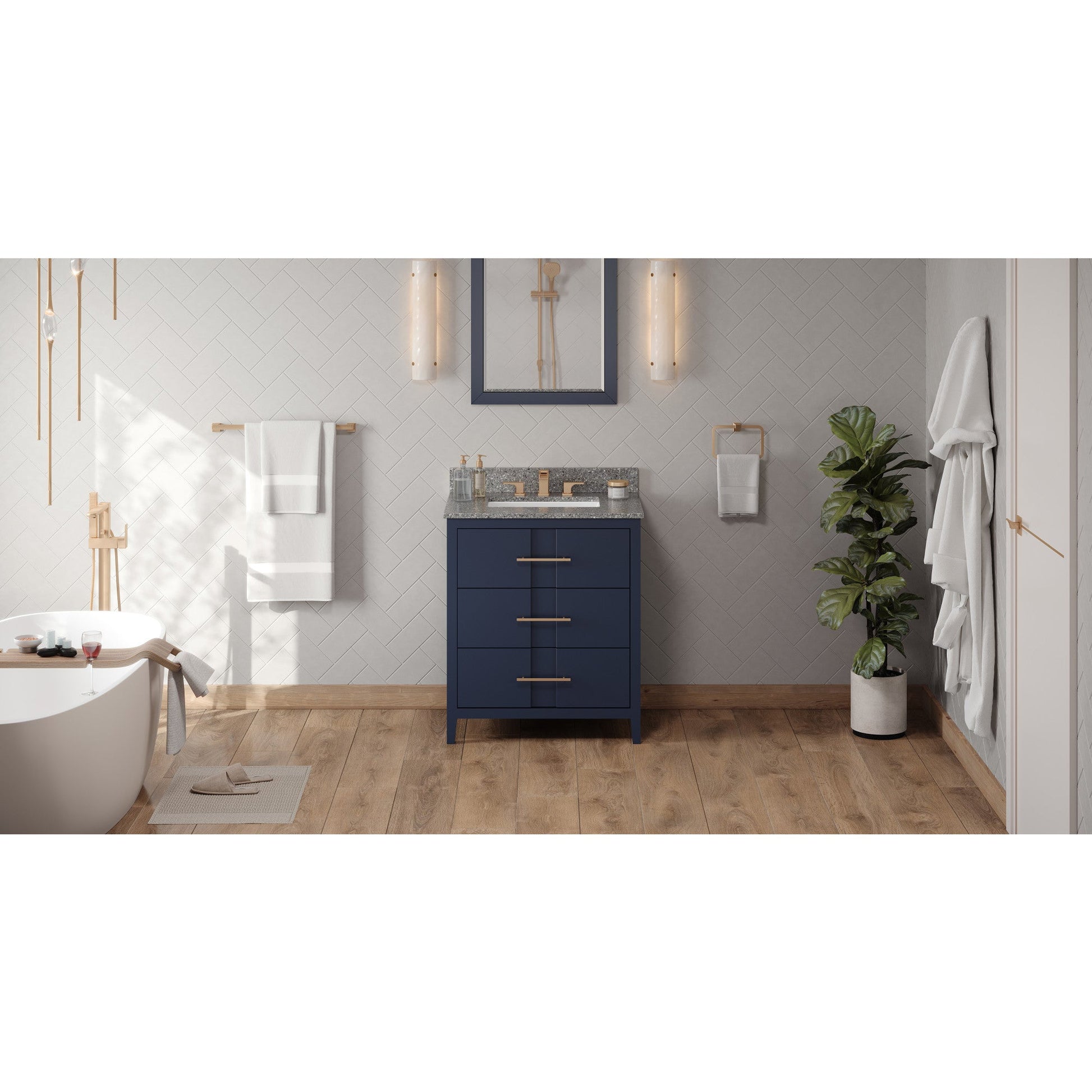 Hardware Resources Jeffrey Alexander Katara 30" Hale Blue Freestanding Vanity With Boulder Cultured Marble Vanity Top, Backsplash and Rectangle Undermount Sink