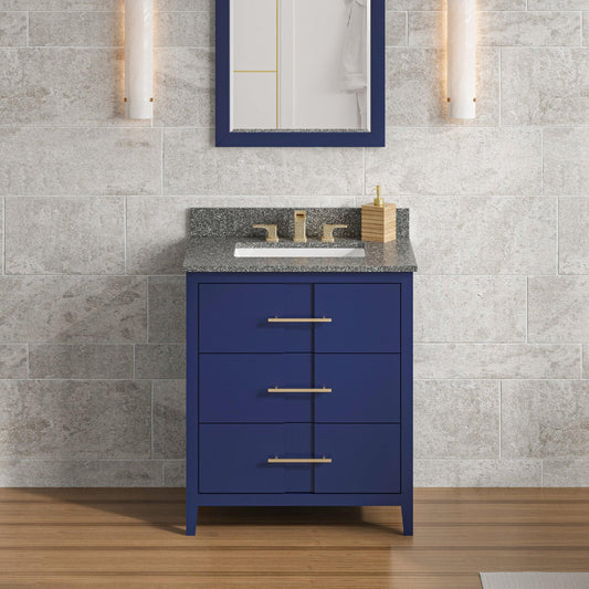 Hardware Resources Jeffrey Alexander Katara 30" Hale Blue Freestanding Vanity With Boulder Cultured Marble Vanity Top, Backsplash and Rectangle Undermount Sink