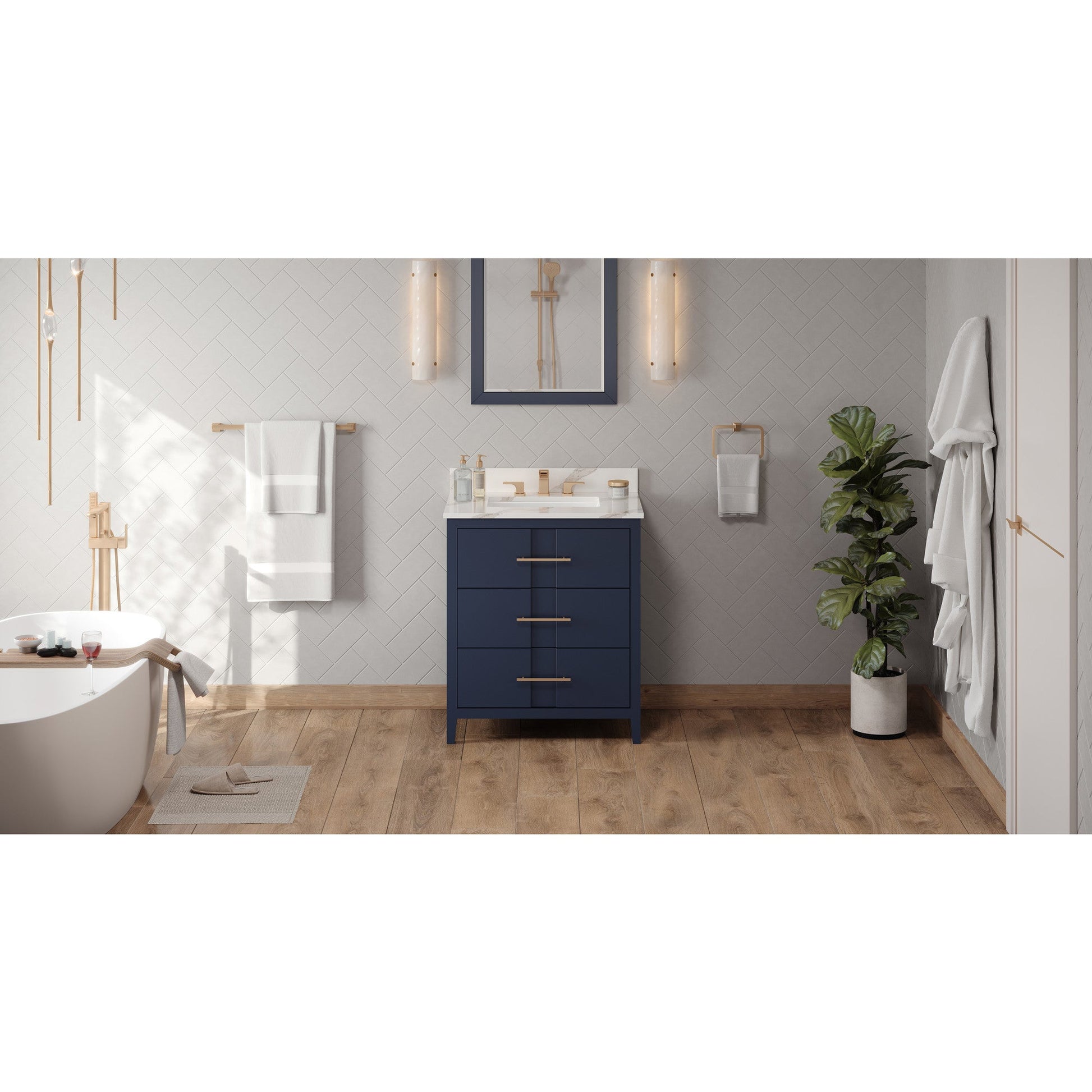 Hardware Resources Jeffrey Alexander Katara 30" Hale Blue Freestanding Vanity With Calacatta Vienna Quartz Vanity Top, Backsplash and Rectangle Undermount Sink