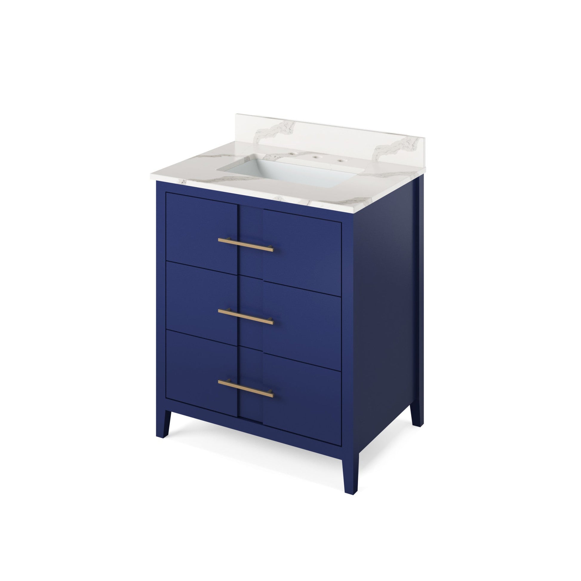 Hardware Resources Jeffrey Alexander Katara 30" Hale Blue Freestanding Vanity With Calacatta Vienna Quartz Vanity Top, Backsplash and Rectangle Undermount Sink