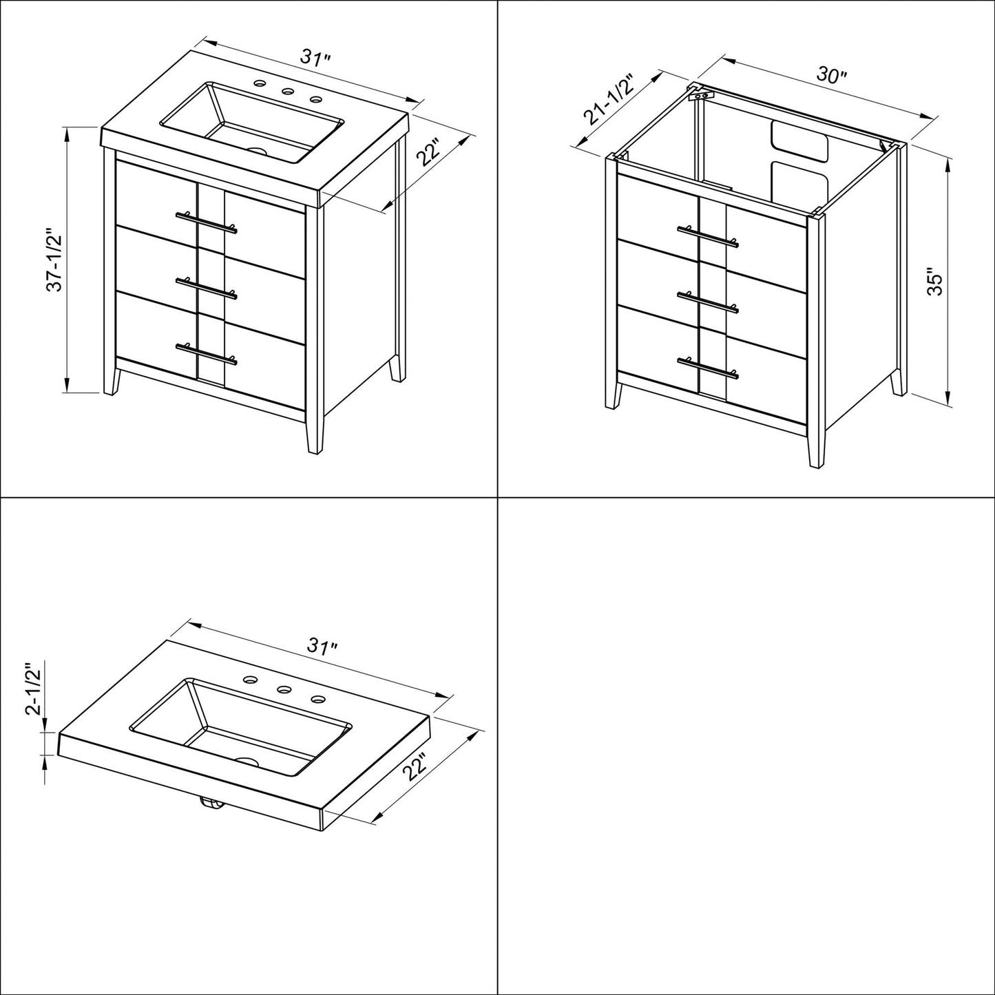 Hardware Resources Jeffrey Alexander Katara 30" Hale Blue Freestanding Vanity With Lavante Cultured Marble Vessel Vanity Top, Backsplash and Rectangle Undermount Sink